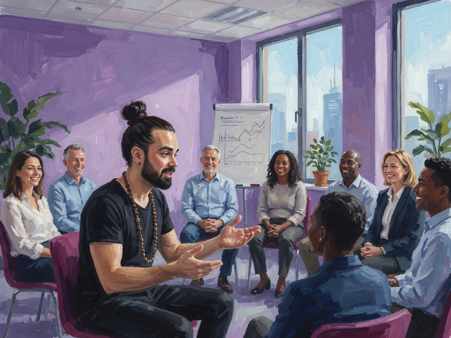A Calgary team in a facilitated workplace resilience training session, seated in a circle in conversation